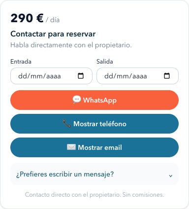 Ficha de barco con botones de contacto directo (WhatsApp, teléfono, email)